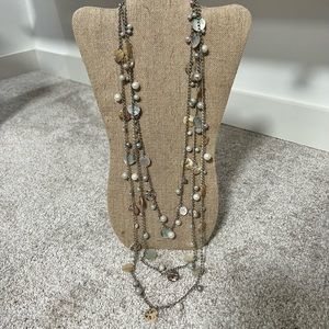 Three strand / long layer sea shell and faux pearl necklace